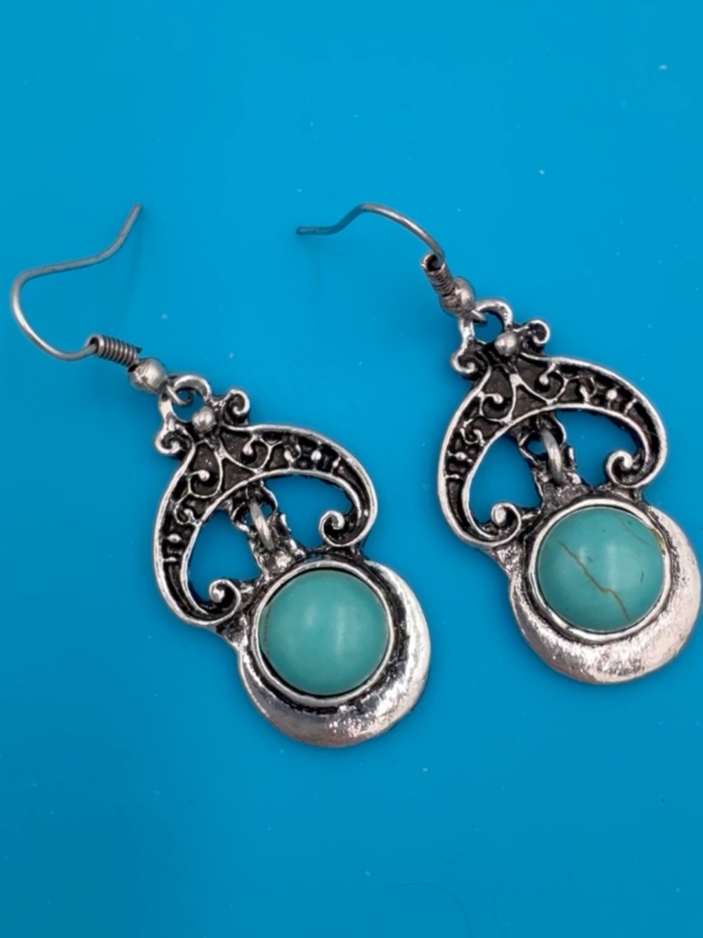 Pressed Turquoise Drop Dangle Earrings Lead-Free Brass 1 7/8" – 9.3